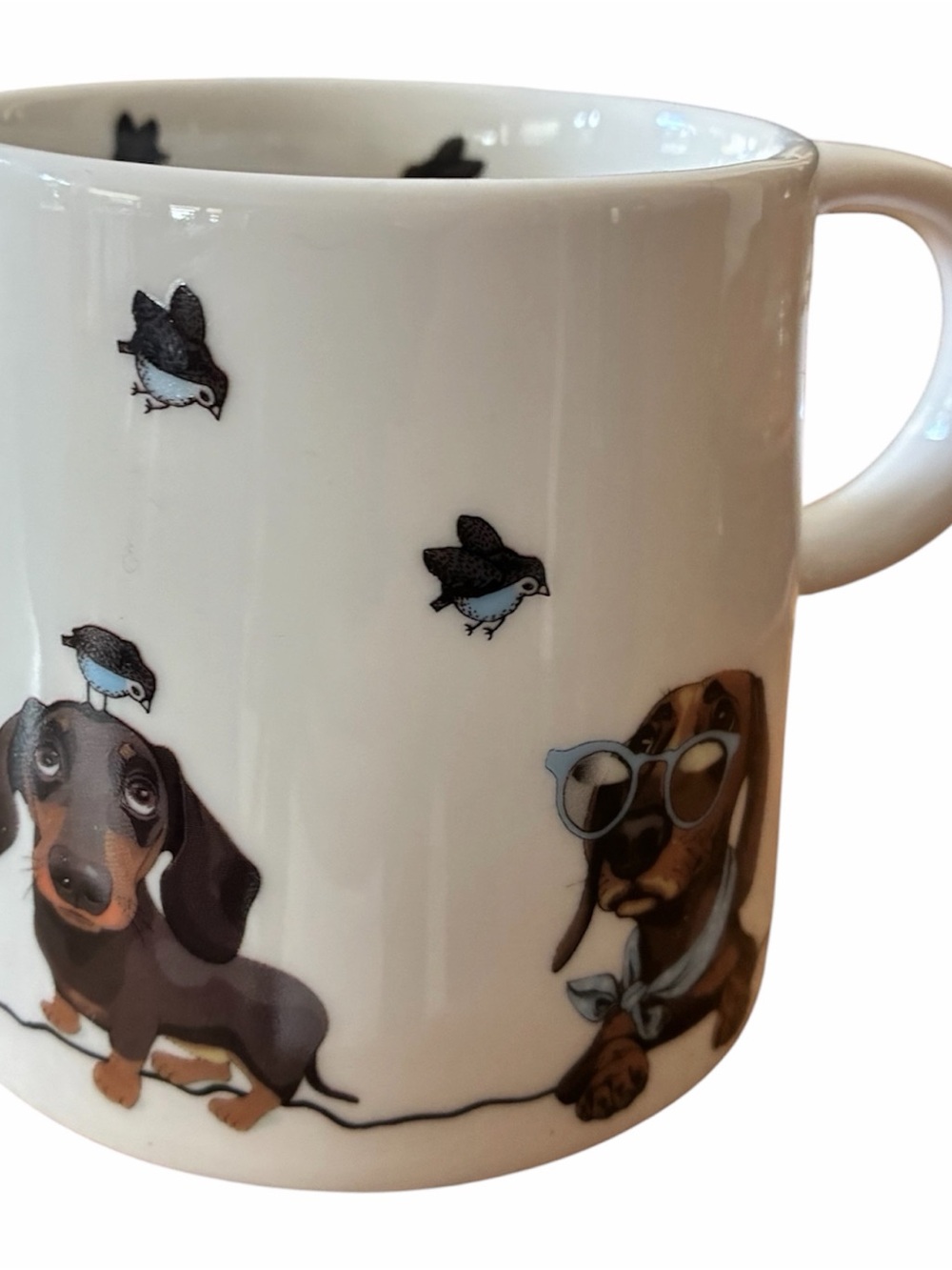 White Ceramic Dachshund Mug with Playful Dog Illustrations